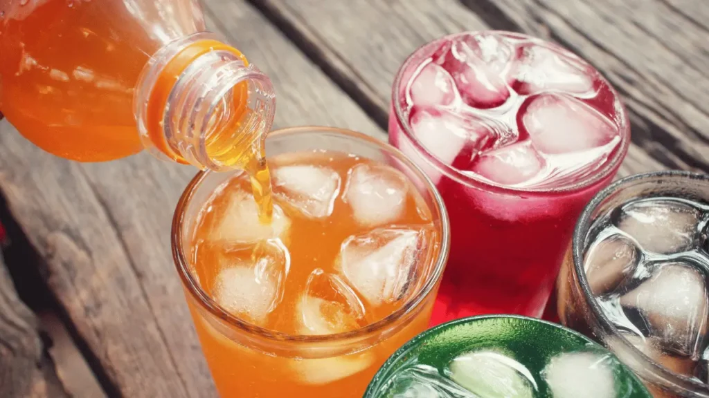 Imagem mostra quatro copos de soft drinks, com cores diferentes em uma visão  por cima. Um dos copos está sendo enchido com um líquido laranja. 