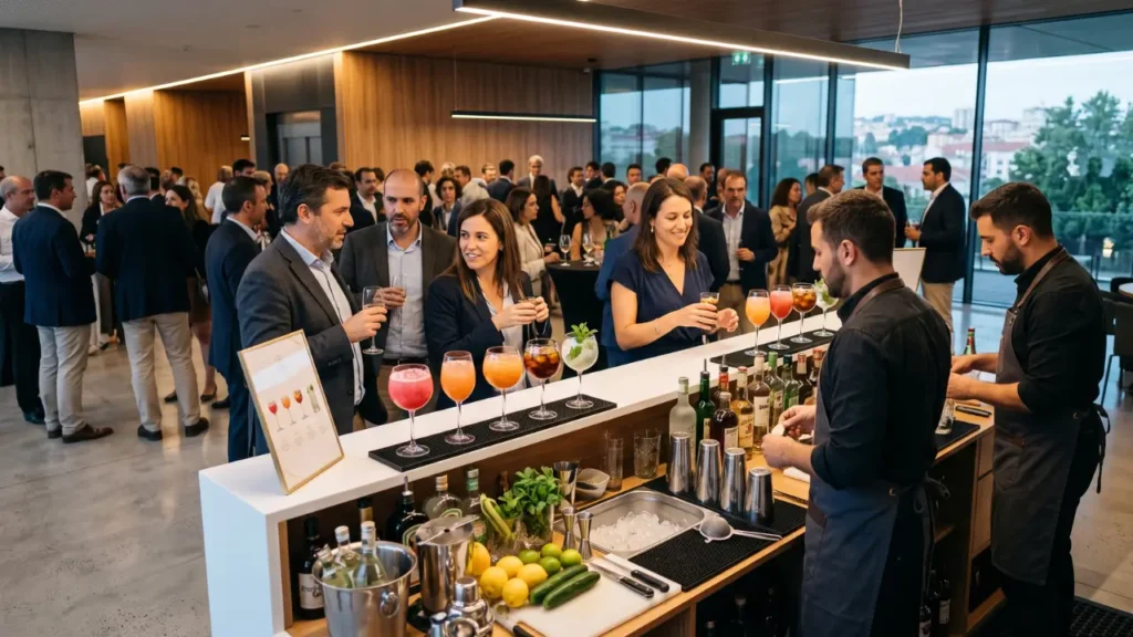 bartenders trabalhando em estação de drinks em evento