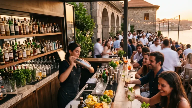 Um bar cheio de pessoas no verão, e o bartender trabalhando para aumentar vendas no bar