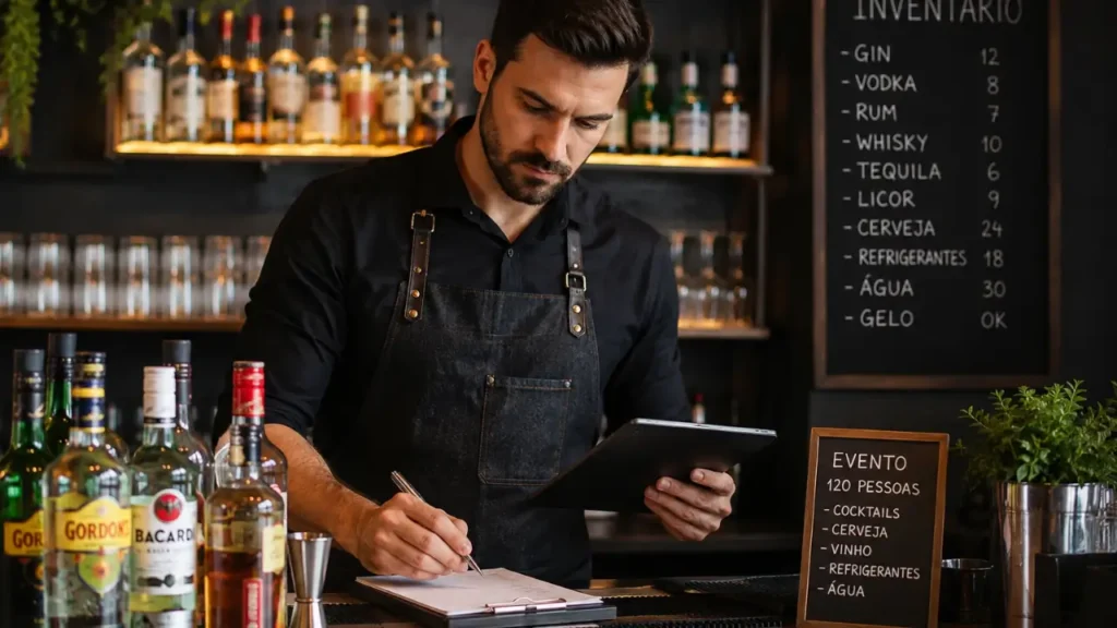 Homem fazendo anotações em um bar para calcular bebidas para eventos