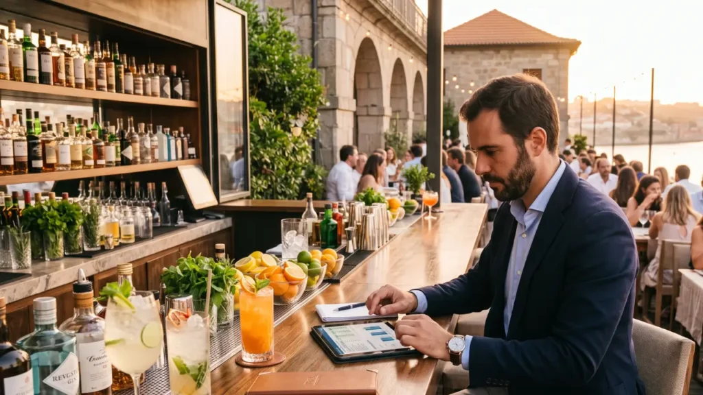 homem sentando olhando planilha e calculando como aumentar vendas no bar