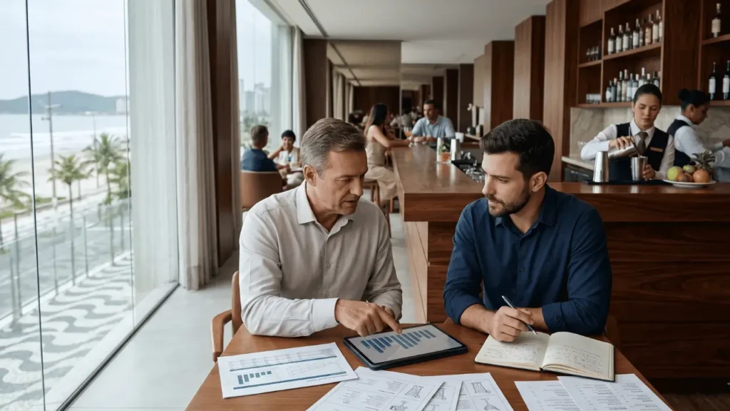 dois homens em uma mesa de bar olhando planilhas de um bar diferencial competitivo
