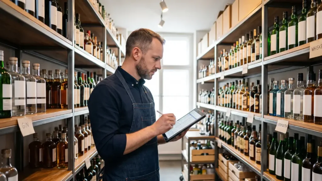 homem em stock de bebidas fazendo as métricas bar / dados gestão bar