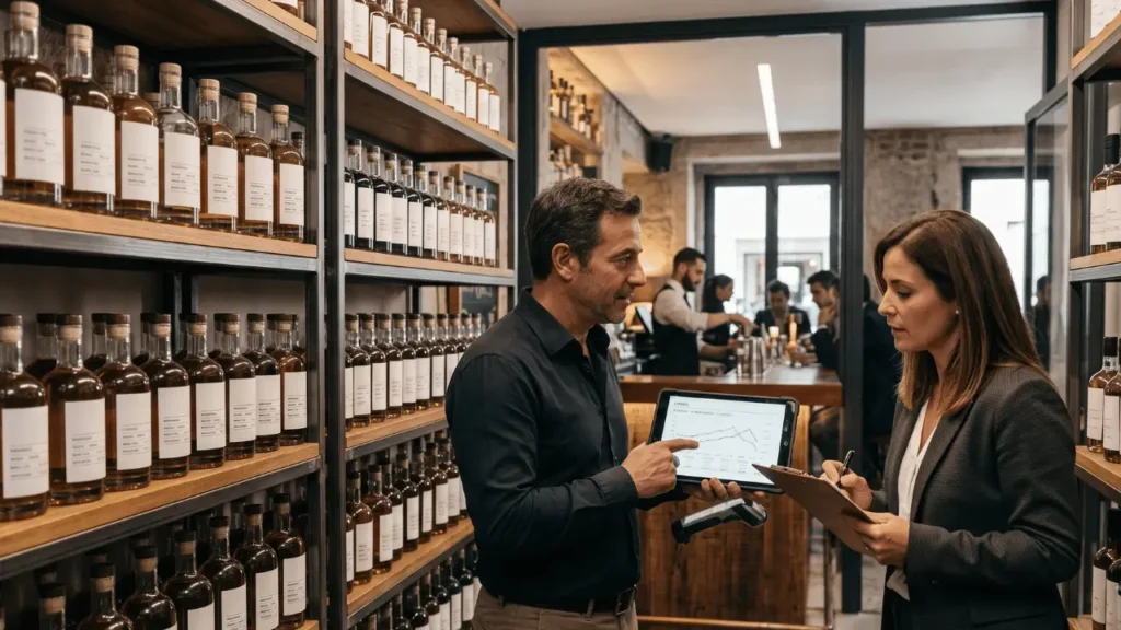 homem e mulher em estoque de bebidas fazendo consultoria de ROI consultoria bar