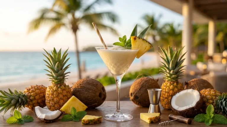 um drink de piña colada e ao redor tem as frutas abacaxi e coco