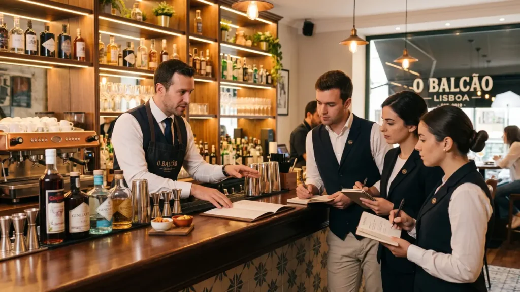 Um equipa de bar seguindo orientações do bartender em bar elegante e aconchegante.