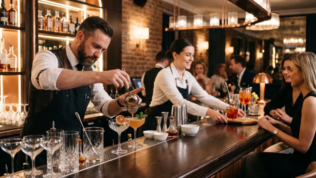 bartenders preparando drinks e atendendo clientes com boa disposição