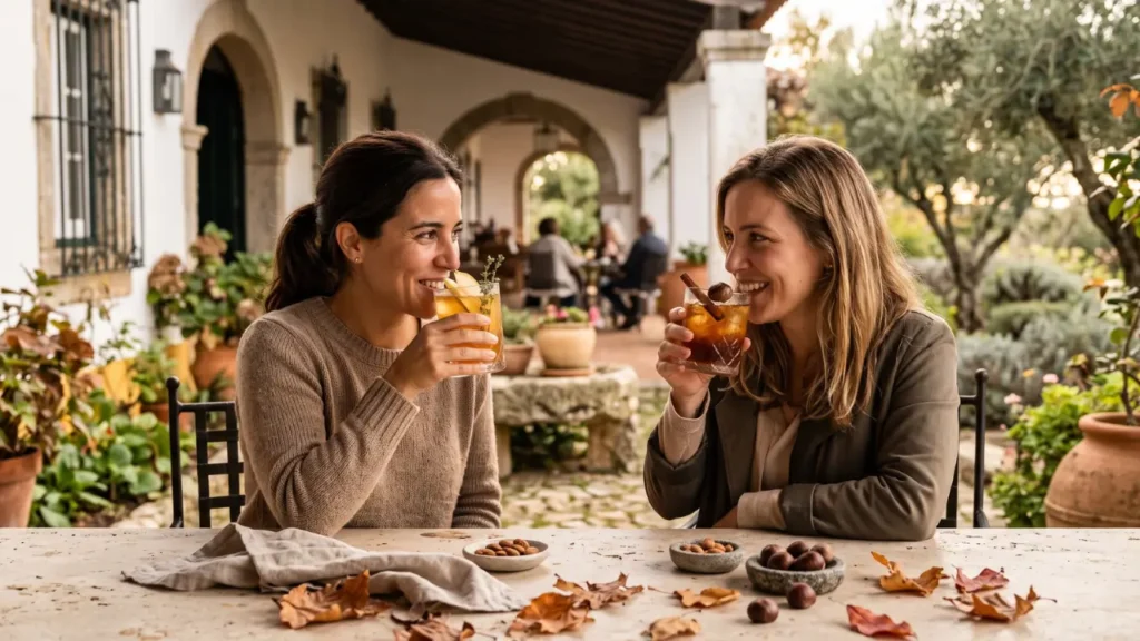 Duas mulheres sentadas em um bar tomando cocktails
