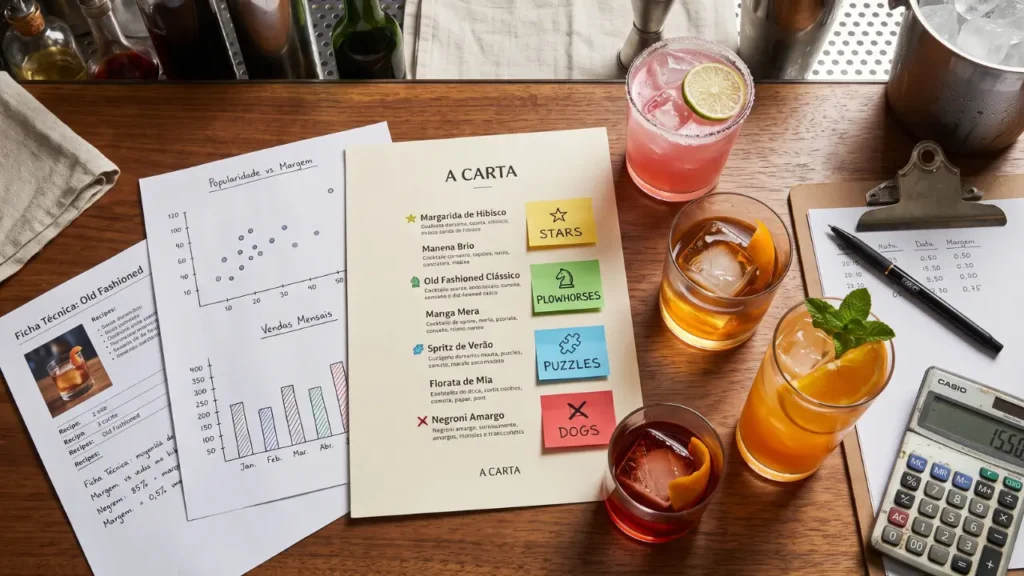 quatro tipos de cocktails com anotações ao lado sobre vendas e popularidade