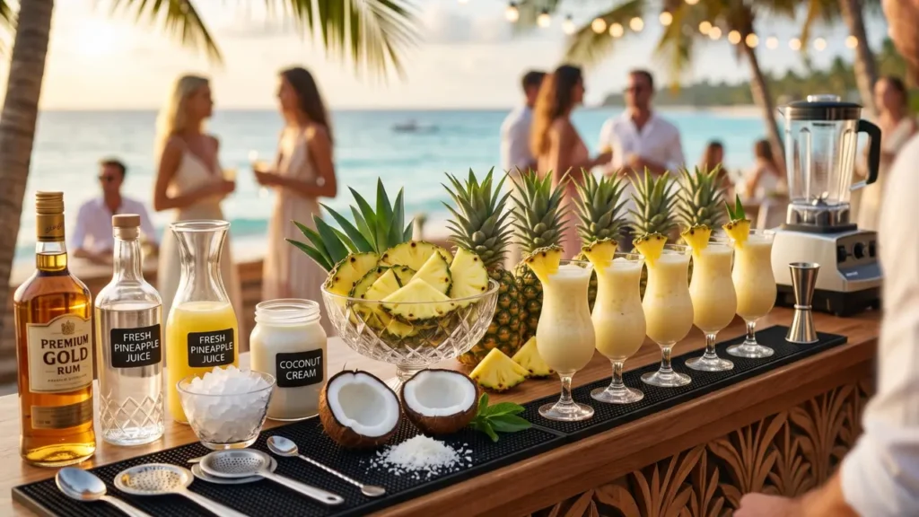 bar de verão com balcão cheio de drinks de piña colada com frutas e bebidas complementares