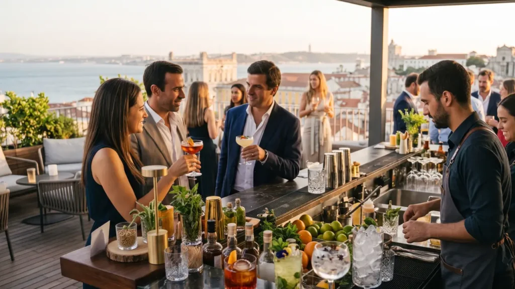 pessoas em bar aberto participando de cocktails para evento corporativo