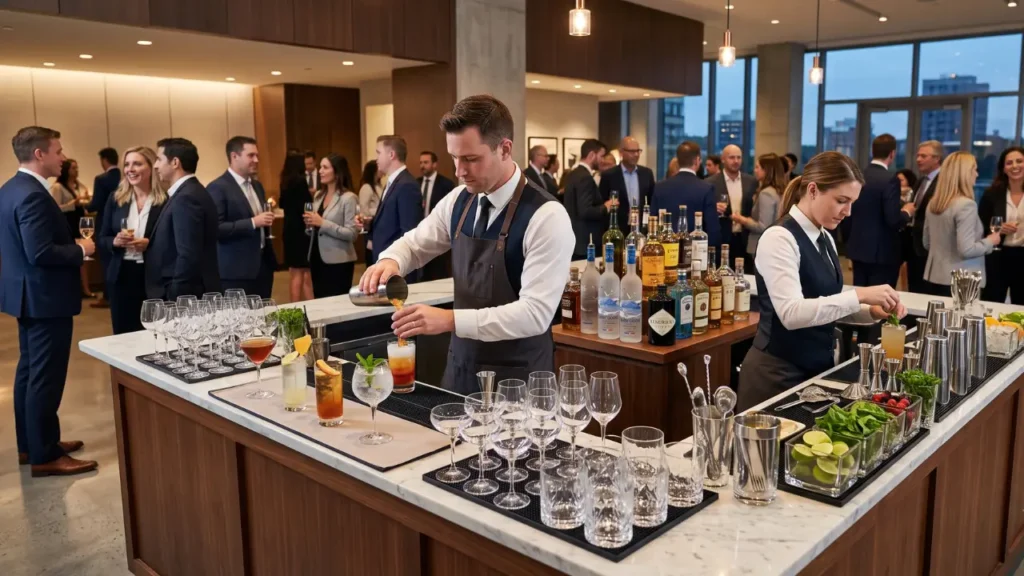 bar sofisticado com bartenders e varias pessoas em evento corporativo