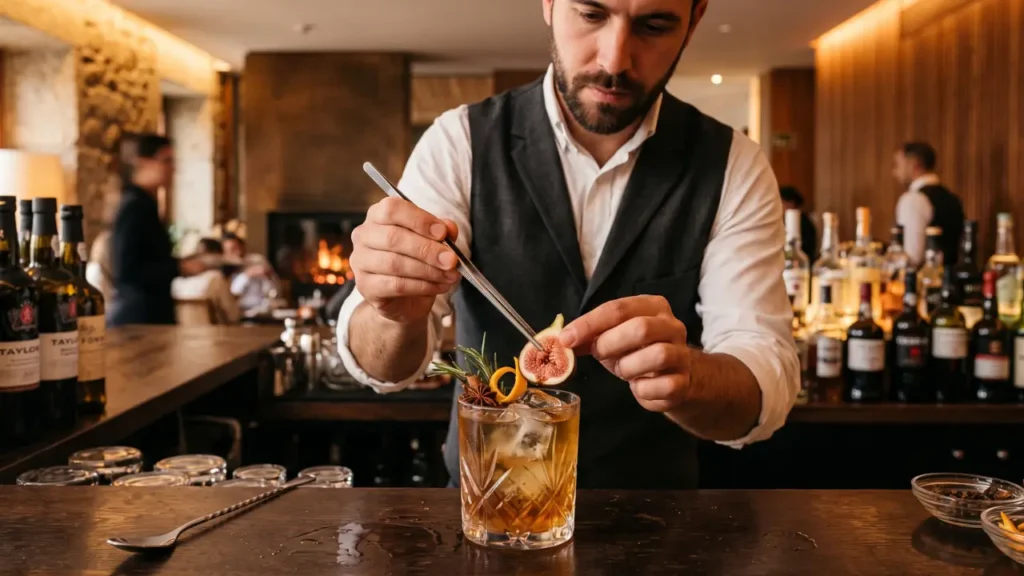 Bartender finalizando um cocktail para servir ao cliente