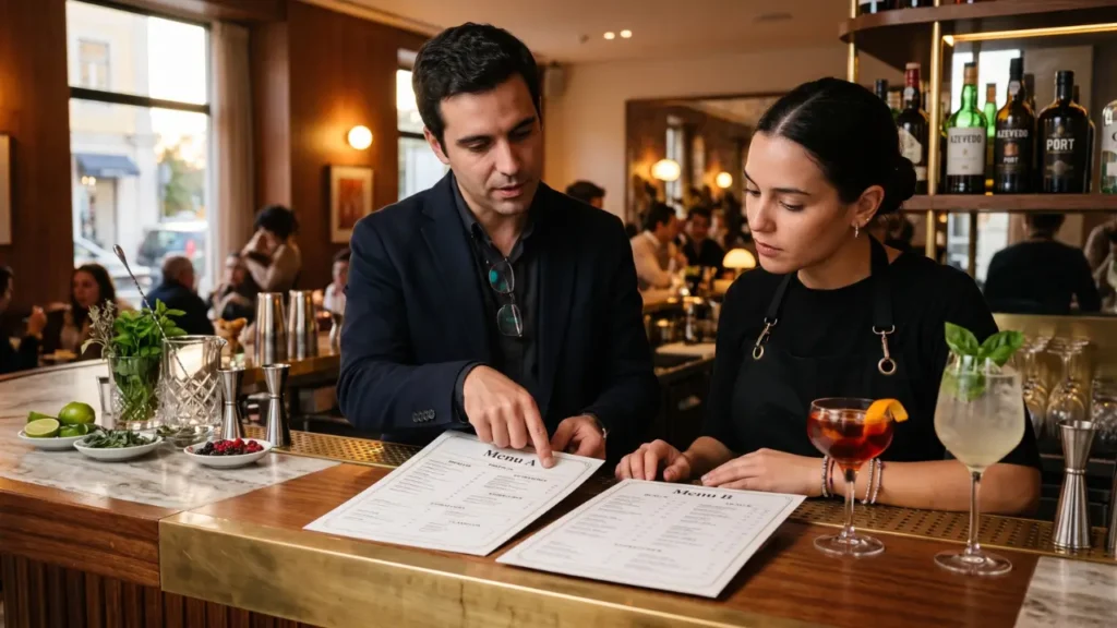 Dono de bar explicando o menu para a bartender
