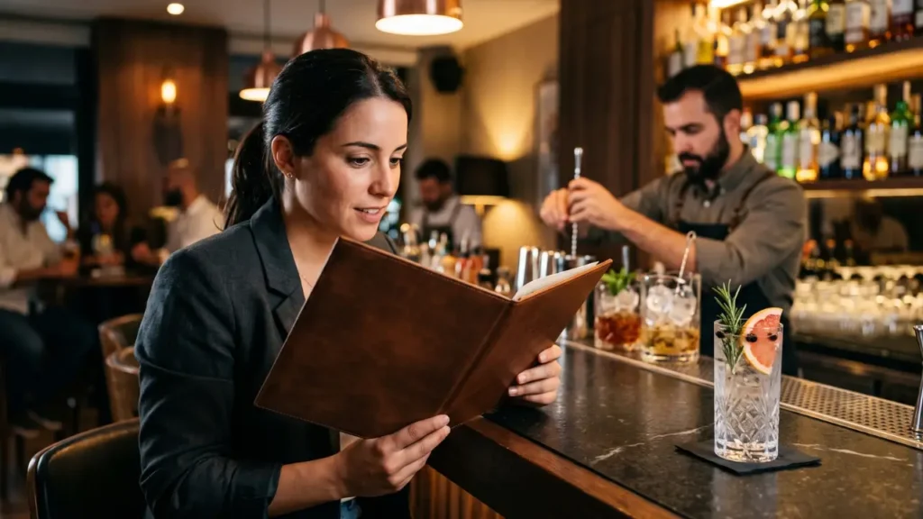 mulher em bar elegante olhando a carta de drinks
