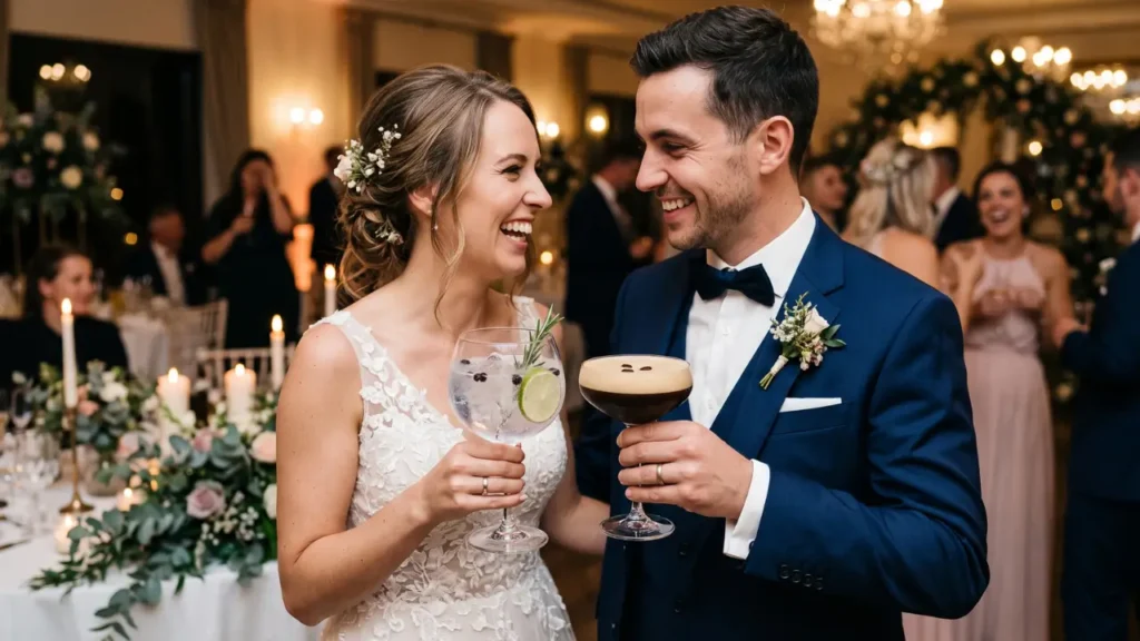 recém casados felizes e brindando em festa de casamento