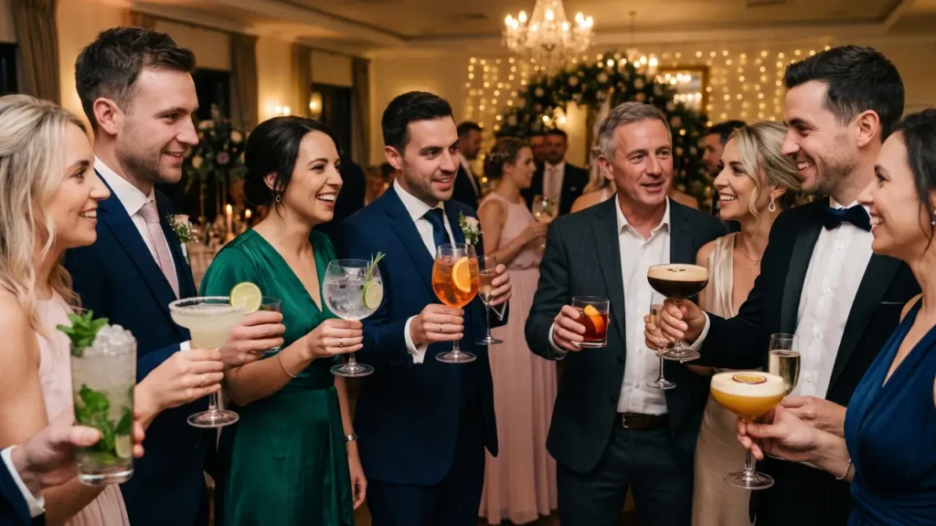 convidados felizes fazendo um brinde com cocktails nas mãos durante a festa de casamento