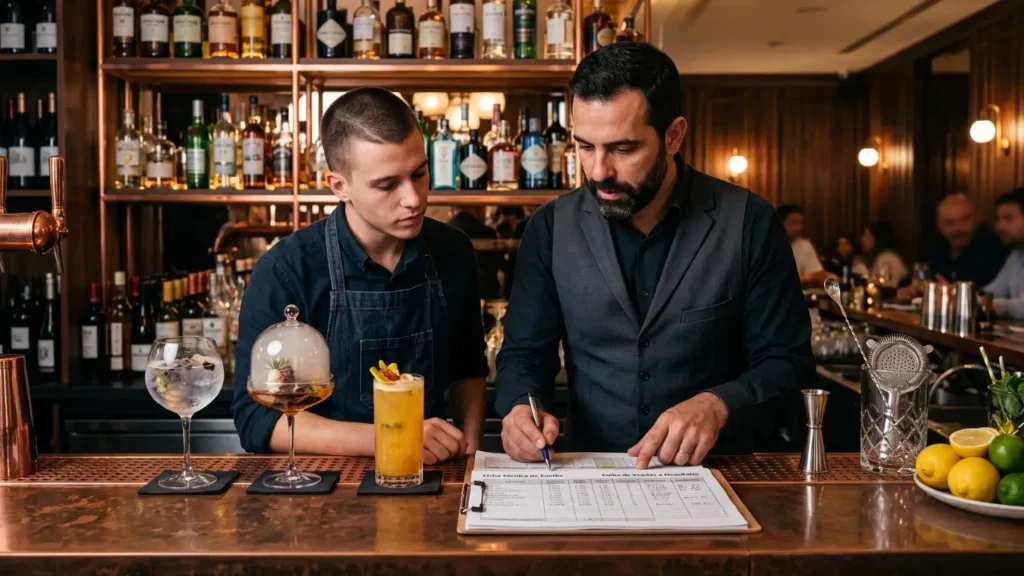 bartender e proprietario do bar revisando planilhas