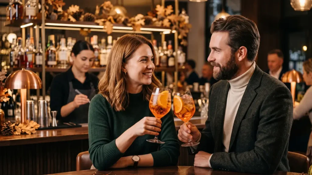 casal em bar elegante bebendo um cocktail spritz