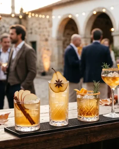 evento com quatro tipos de cocktails em cima do balcão do bar