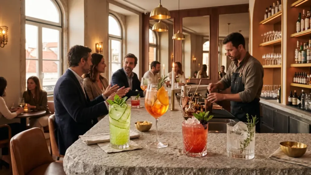 quatro tipos de cocktails sem alcool em bar elegante