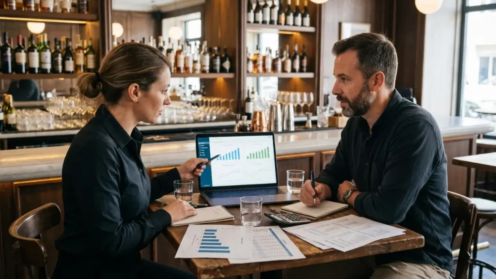 homem e mulher com notebook e papeis preparando um audit bar