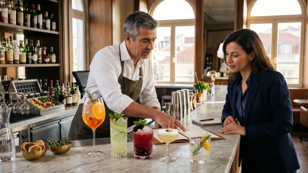 bartender mostrando carta ao cliente